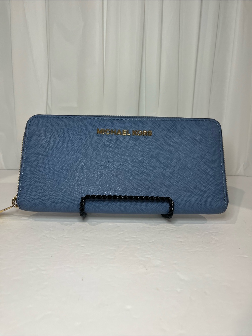 Michael Kors Dusty Blue Zip-Around Saffiano Wallet with Gold Logo